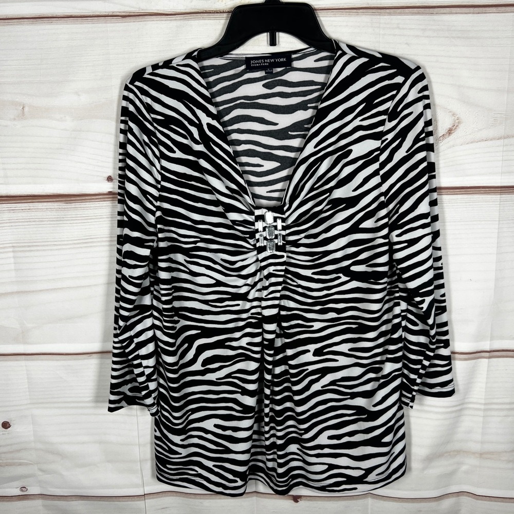Jones New York Signature Top Women L Black White Zebra Embellished V-Neck Blouse